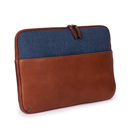 RexOwl Deri & Kanvas Laptop Case 16'' - Taba / Kot Mavi