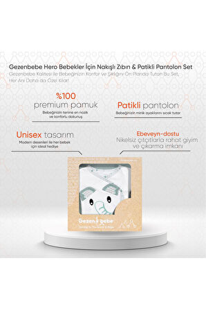 Gezenbebe Hero Bebekler İçin Nakışlı Zıbın ve Patikli Pantolon Set