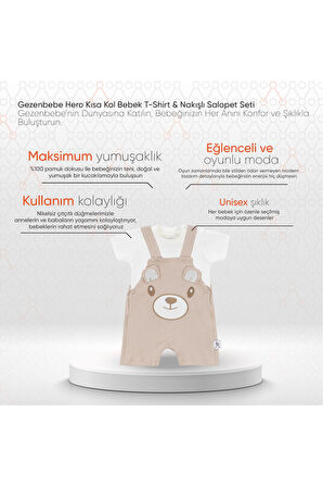 Gezenbebe Hero Kısa Kol Bebek T-Shirt ve Nakışlı Salopet Seti