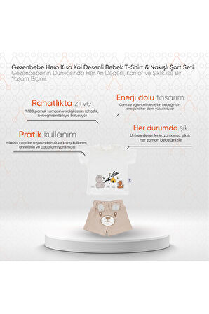 Gezenbebe Hero Kısa Kol Desenli Bebek T-Shirt ve Nakışlı Şort Seti