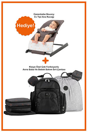 Gezenbebe Çok Fonksiyonlu Anne Baba ve Bebek Bakım Sırt Çantası Black -Bouncy  Ana Kucağı Hediyeli