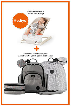 Gezenbebe Çok Fonksiyonlu Anne Baba ve Bebek Bakım Sırt Çantası Grey -Bouncy Ana Kucağı Hediyeli
