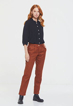 Çizgili Rahat Kesim Şık Bohem Pantolon Turuncu | M