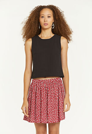 Sıfır Yaka Kolsuz Bohem Kısa Bluz Siyah | XL