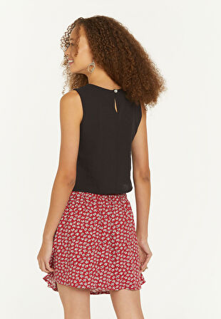 Sıfır Yaka Kolsuz Bohem Kısa Bluz Siyah | XL