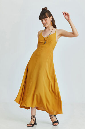 Sırt Detaylı Düz Renk Şık Bohem Elbise Sarı | M