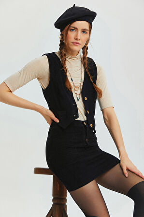 Bohem Tarz V Yaka Klasik Kesim Kadın Yelek Siyah | M