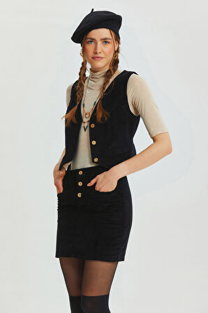 Bohem Tarz V Yaka Klasik Kesim Kadın Yelek Siyah | M