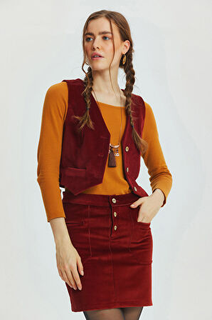 Bohem Tarz V Yaka Klasik Kesim Kadın Yelek Bordo | L