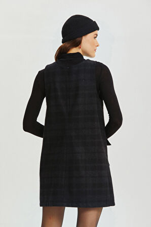 V Yakalı Ekoseli Mini Elbise Gri | M