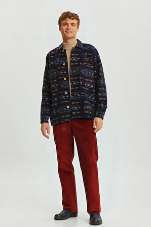 Etnik Desenli Kışlık Erkek Gömlek Lacivert | S