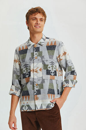 Etnik Desenli Kışlık Erkek Gömlek Kahverengi | S