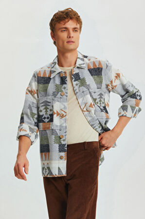 Etnik Desenli Kışlık Erkek Gömlek Kahverengi | S