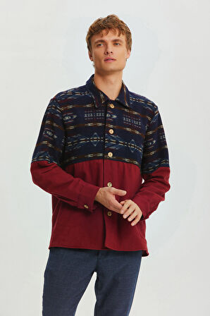 Cep Detaylı Garnili Kışık Erkek Gömlek Lacivert - Bordo | L