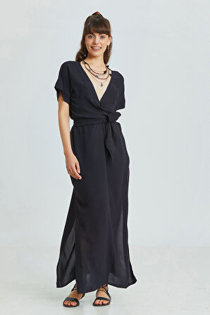 V Yakalı Önden Bağlamalı Uzun Elbise Siyah | M/L