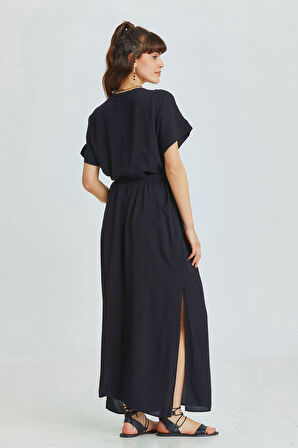 V Yakalı Önden Bağlamalı Uzun Elbise Siyah | M/L