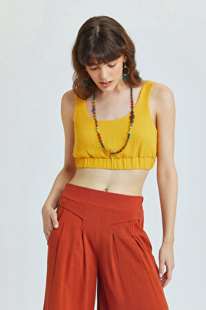 Havuz Yaka Crop Bluz Hardal | M