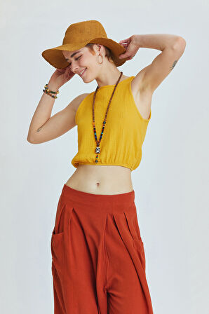 Beli Lastikli Basic Crop Bluz Hardal | L