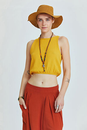 Beli Lastikli Basic Crop Bluz Hardal | L