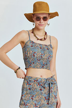 Askılı Bohem Crop Bluz Mavi | M/L