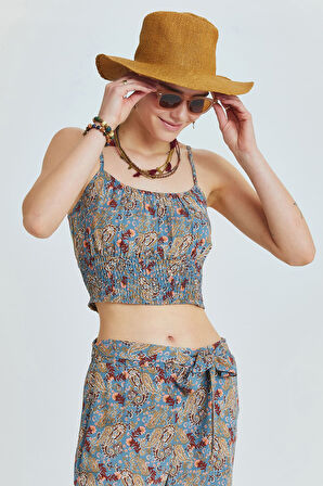 Askılı Bohem Crop Bluz Mavi | M/L