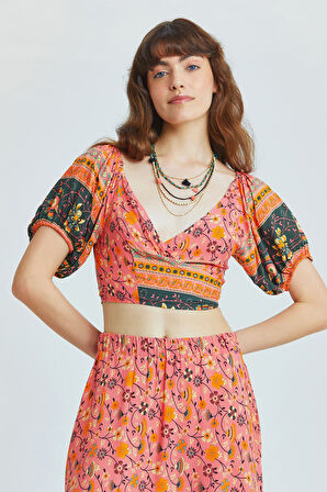 Önden Bağlamalı Crop Bluz Pembe | S