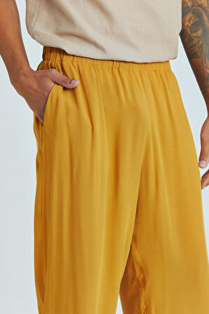 Relaxed Fit Dökümlü Erkek Pantolon Sarı | S