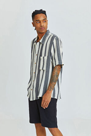 Küba Yaka Bohem Erkek Gömlek Siyah - Beyaz | XL