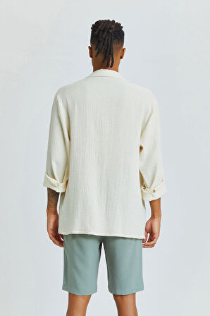 Oversize Küba Yaka Uzun Kollu Gömlek Bej | S