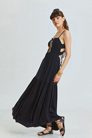 Sırt Dekolteli Midi Boy Elbise Siyah | S/M