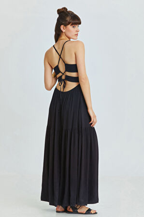 Sırt Dekolteli Midi Boy Elbise Siyah | S/M