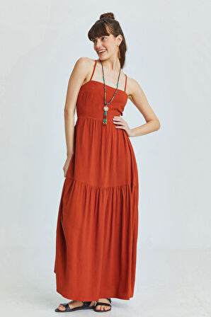 Sırt Dekolteli Midi Boy Elbise Kiremit | M/L