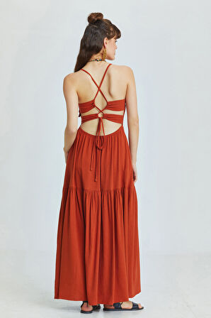 Sırt Dekolteli Midi Boy Elbise Kiremit | M/L