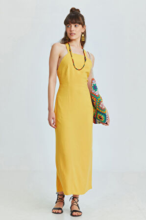 Arkası Çapraz Yırtmaçlı Diz Altı Elbise Hardal | L