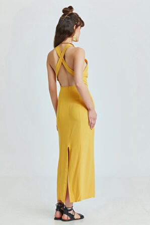 Arkası Çapraz Yırtmaçlı Diz Altı Elbise Hardal | L