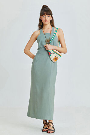 Arkası Çapraz Yırtmaçlı Diz Altı Elbise Çağla | L