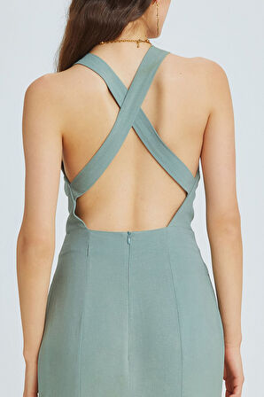 Arkası Çapraz Yırtmaçlı Diz Altı Elbise Çağla | L