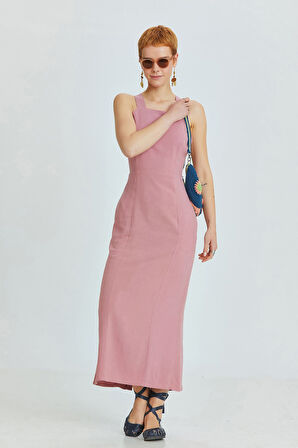 Arkası Çapraz Yırtmaçlı Diz Altı Elbise Gül Kurusu | L