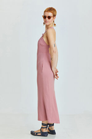 Arkası Çapraz Yırtmaçlı Diz Altı Elbise Gül Kurusu | L