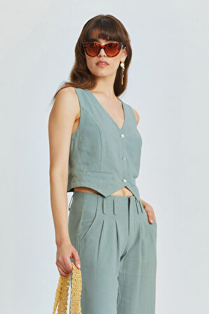 V Yaka Kolsuz Klasik Kesim Bohem Yelek Çağla | M