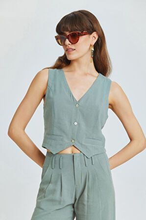 V Yaka Kolsuz Klasik Kesim Bohem Yelek Çağla | M