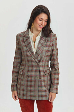 Ekoseli Kruvaze Uzun Blazer Gri | XL