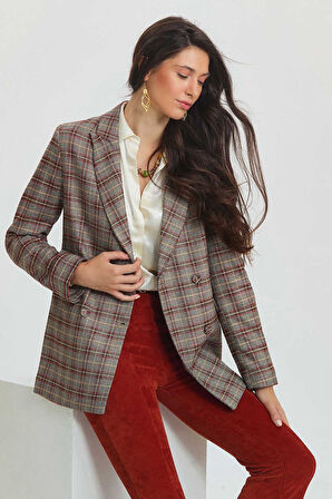Ekoseli Kruvaze Uzun Blazer Gri | XL