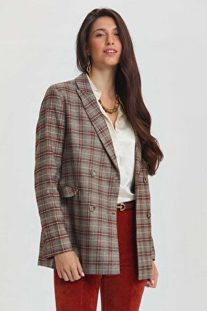 Ekoseli Kruvaze Uzun Blazer Gri | XL