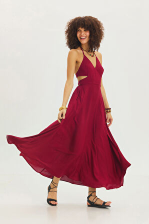 Derin Yırtmaçlı Bohem Maxi Elbise Bordo | M/L