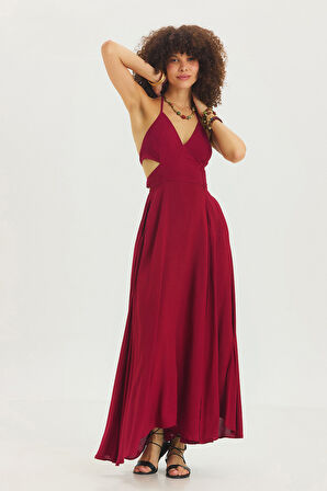 Derin Yırtmaçlı Bohem Maxi Elbise Bordo | M/L