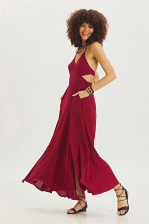 Derin Yırtmaçlı Bohem Maxi Elbise Bordo | M/L