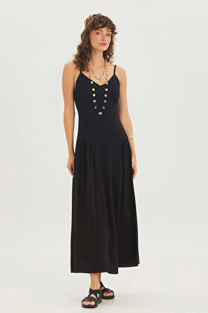 Askılı V Yaka Kloş Uzun Bohem Elbise Siyah | L