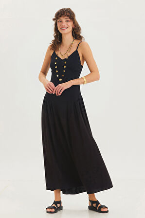 Askılı V Yaka Kloş Uzun Bohem Elbise Siyah | L