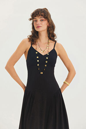 Askılı V Yaka Kloş Uzun Bohem Elbise Siyah | L